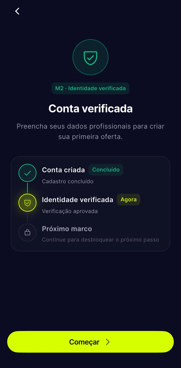 Tela do app PayTrainer confirmando a conta verificada e pronta para receber.