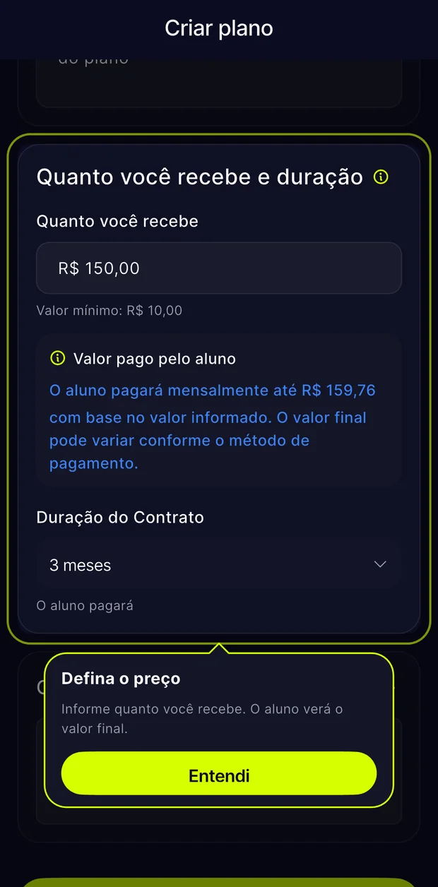 Tela de criação de plano no app PayTrainer, com o campo de quanto o personal quer receber e o valor que o aluno paga.