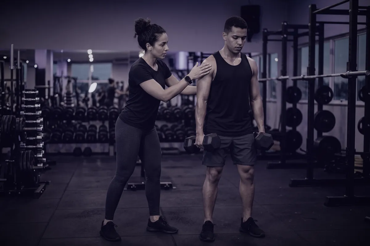 Personal trainer orientando um aluno durante um exercício com halteres, numa academia.